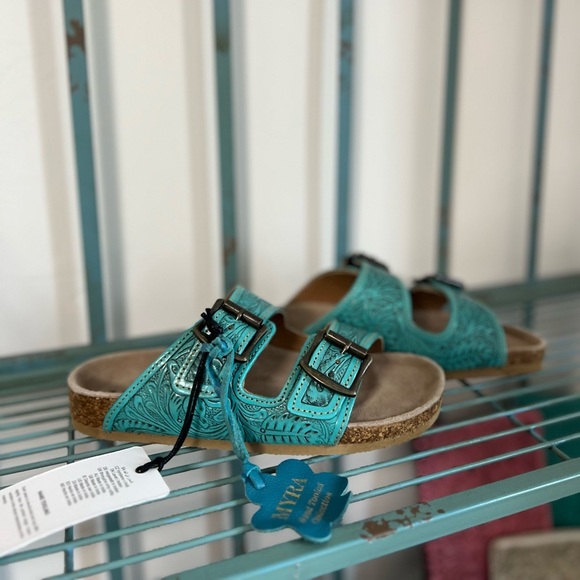 New Turquoise Myra Bag Hand Tooled Genuine Leather Summer Sandal Sunflower - Picture 14 of 16